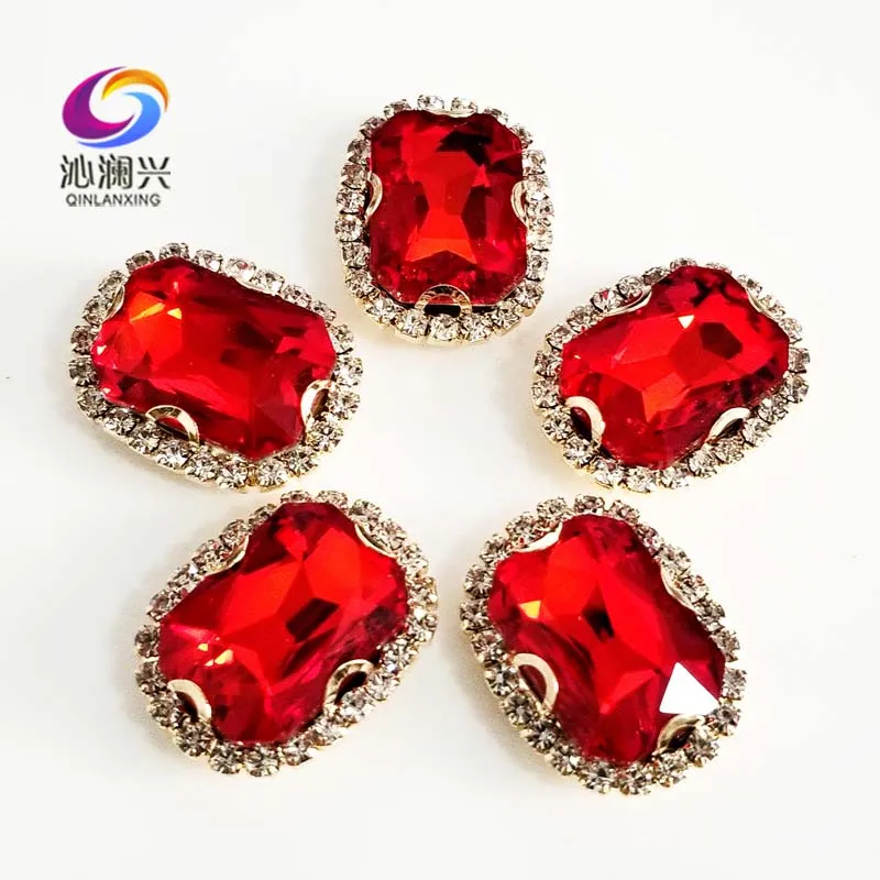 

Gold bottom Rectangle shape Red color top quality glass crystal buckle,sew on rhinestones for diy jewelry accessories SWCBG07