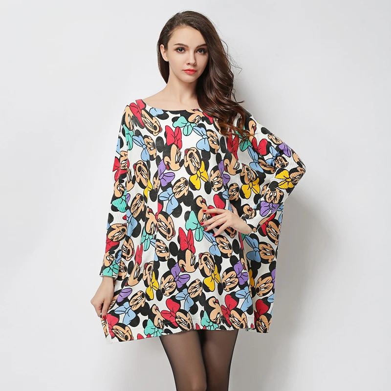 

New Autumn Winter Women Wool Dresses Oversized Long Sleeve O-Neck Cartoon Print Plus Size Sweater Dress Women Loose Tops 6015