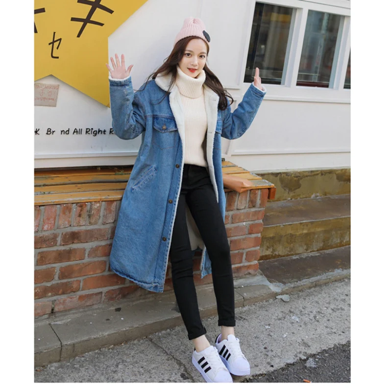 

Spring Autumn Hooded Coat Jeans Denim Jackets for Women 2019 high quality long Lambswool Outerwear Female Warm Coat