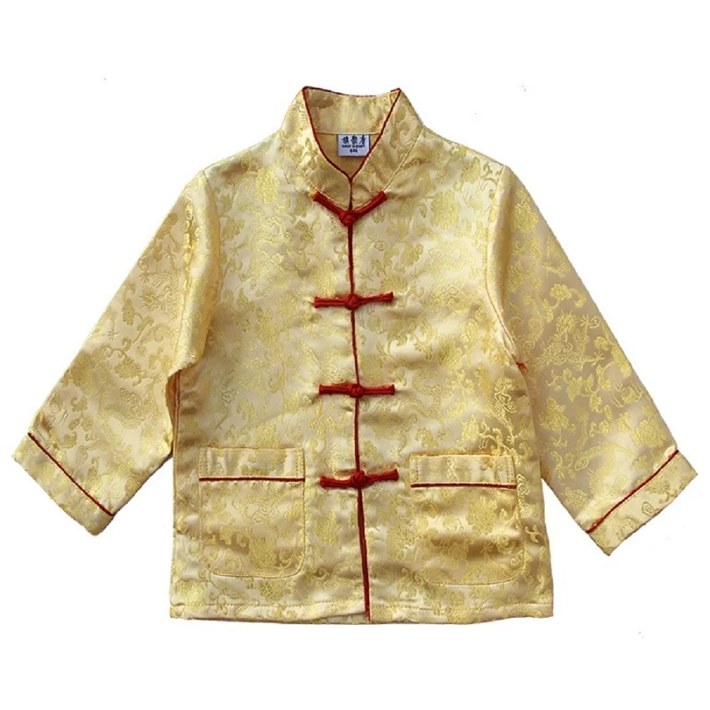Китайский год фестиваль Детская куртка для маленьких мальчиков одежда Tang костюм пальто для маленьких мальчиков Красного/темно-синего цвета Дракон желтого цвета, для детей, верхняя одежда