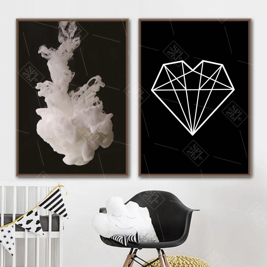 SPLSPL Canvas A4 Art Print Posters Smoke Geometric Diamond Painting Abstract Black and White Wall Pictures For Living Room Decor | Дом и сад