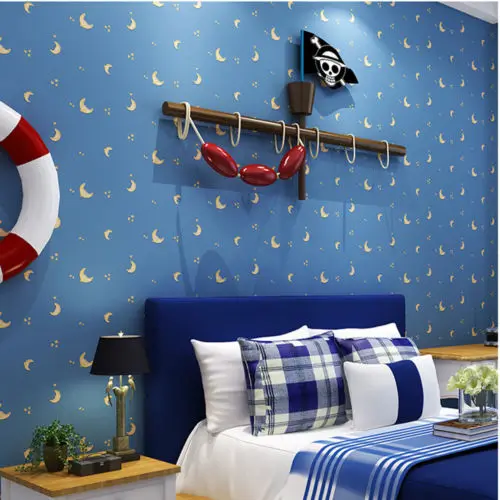 

Q QIHANG Kid's Room Non-woven Golden Moon&Stars Blue Background Wallpaper Roll 0.53m*10m=5.3m2