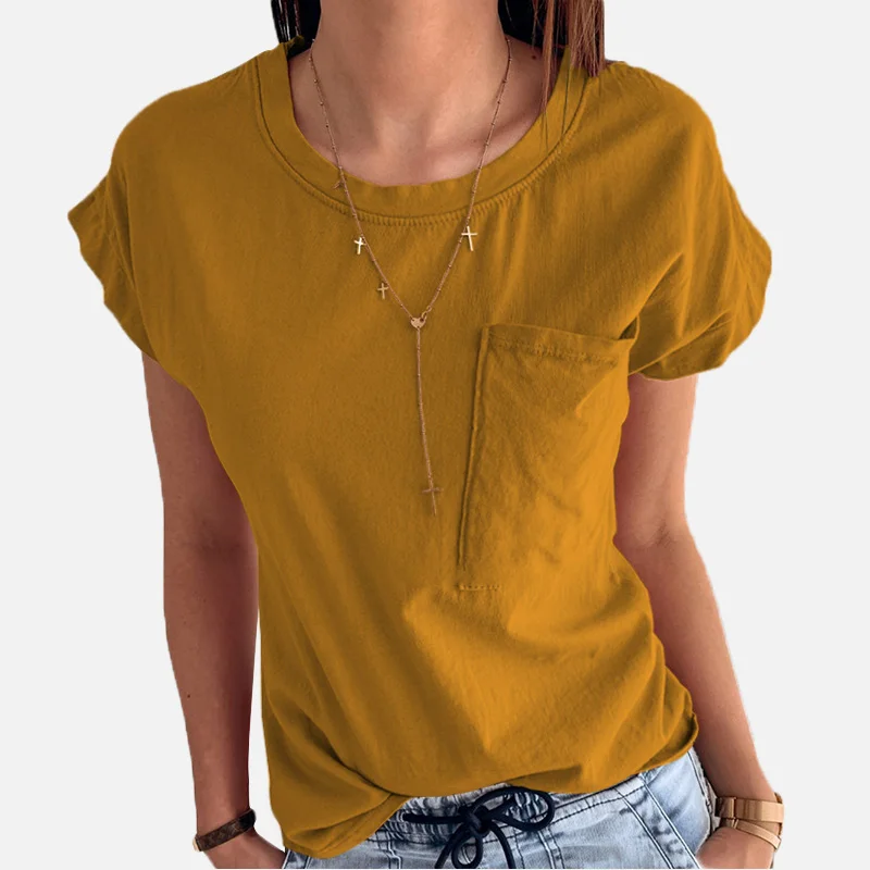 

Women's 100% Cotton Short Sleeve T-Shirt Women's Fashion Casual Plus Size O-Neck Solid Ladies T Shirts 2019 Summer Pocket Tops