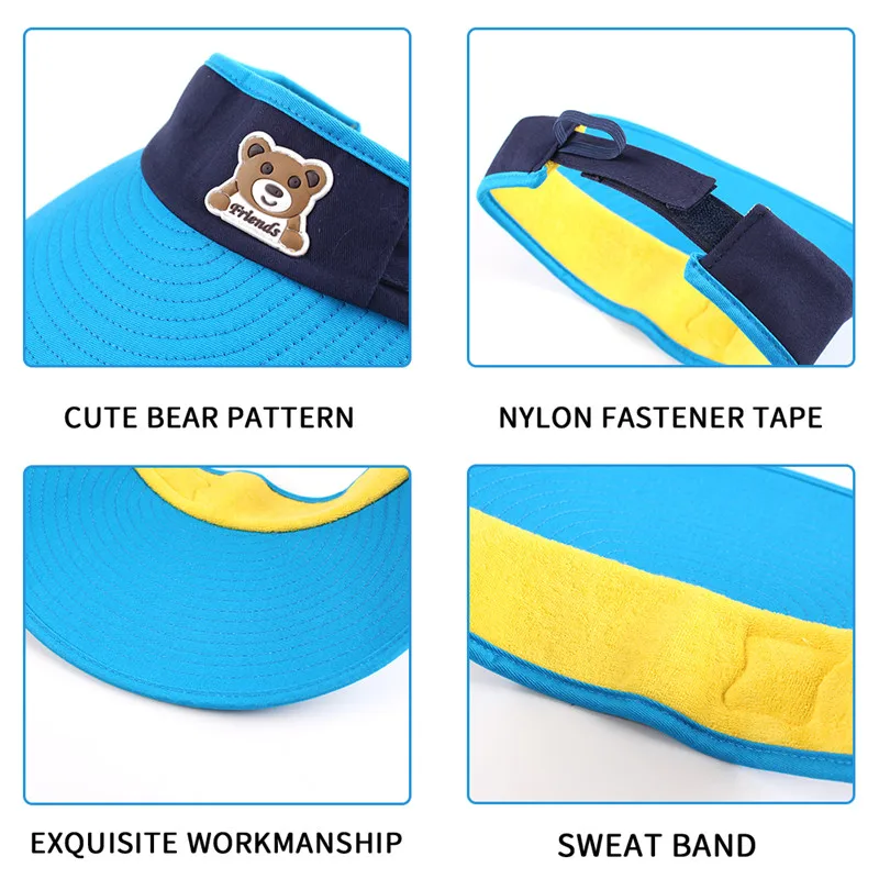 9Empty Visor Hat Kids Boys Summer Sun Hats Toddler Girls Wide Brim Beach Cap Adjustable Size with Cute Bear Floppy Hat UV Protect