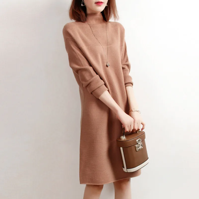 

QUALITY A-Line Knitted Sweater Dress Women Autumn Winter Loose Slim Woolen Dress Office Ladies Elegant Contracted Mid-Long Dress