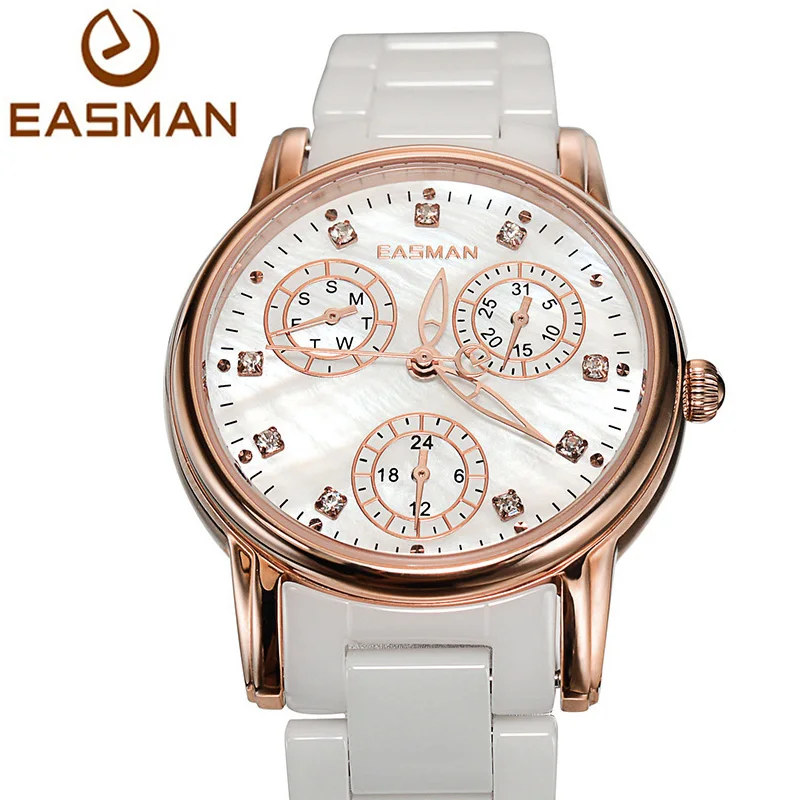 EASMAN Women Ceramic Watch Day and Date Waterproof Mother of Pearl Dial Ladies Ceramic Watches Women