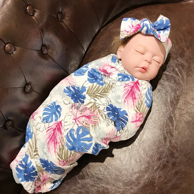 Пеленальное Одеяло с повязкой на голову для маленьких девочек; теплый комплект; хлопчатобумажное одеяльце с цветочным рисунком для