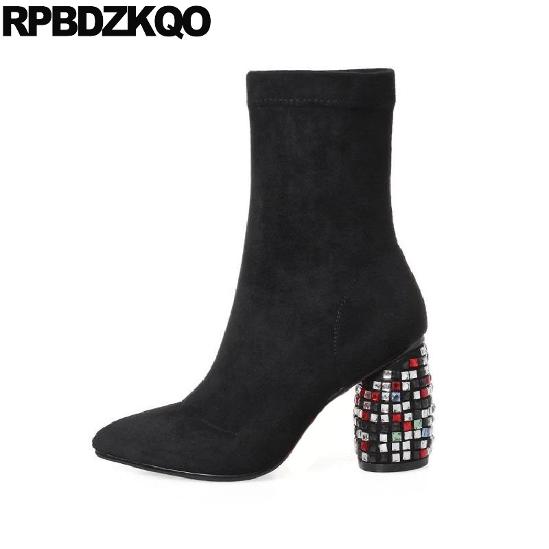 

Rhinestone Embellished Stiletto Suede Pointed Toe Fall High Quality Luxury Brand Shoes Women Heel Black Slip On Autumn European