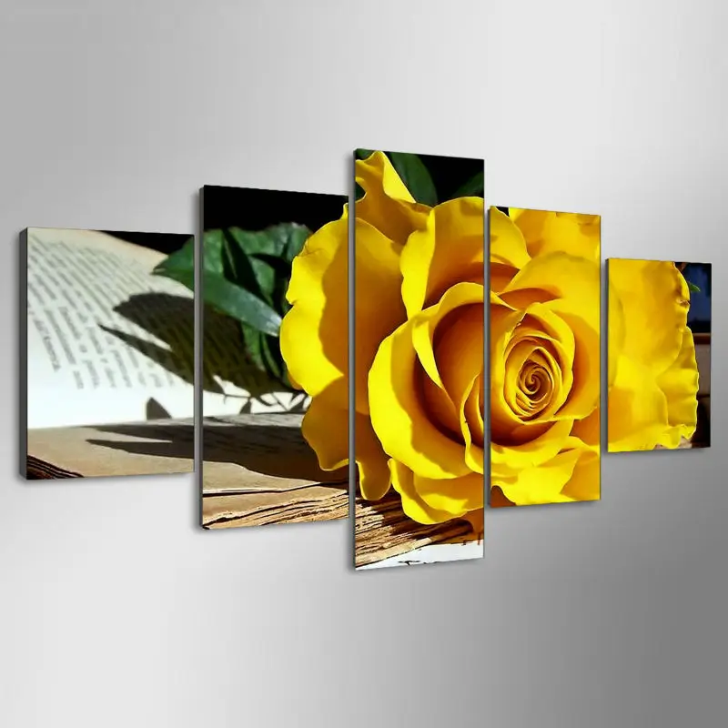 5-Panel-Beautiful-yellow-roses-oil-painting-on-canvas-flowers-Wall-Art-Picture-Home-Decoration-living