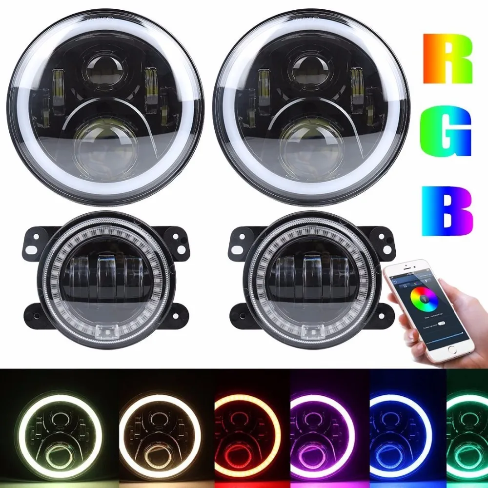 7 дюймов RGB фары, 7 дюймов светодиодный налобный фонарь+ 4 дюймов RGB Противотуманные фары передний бампер фары с RGB Halo Кольцо для Jeep Wrangler JK