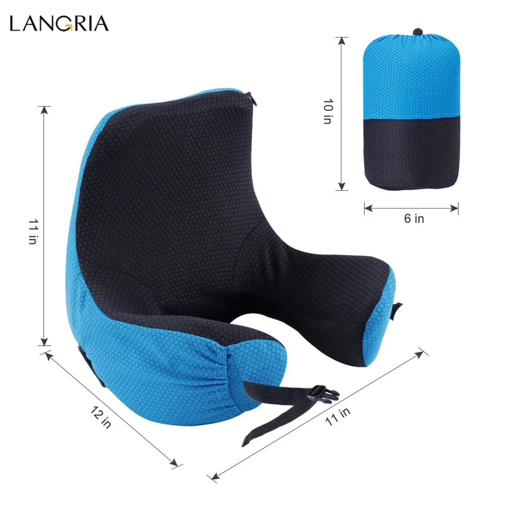 LANGRIA 6-в-1 подушка на шею для долгого пути астронавт для путешествий Memory Foam с отстегивающимся капюшоном Регулируемая шея Размеры боковой карман на резинке