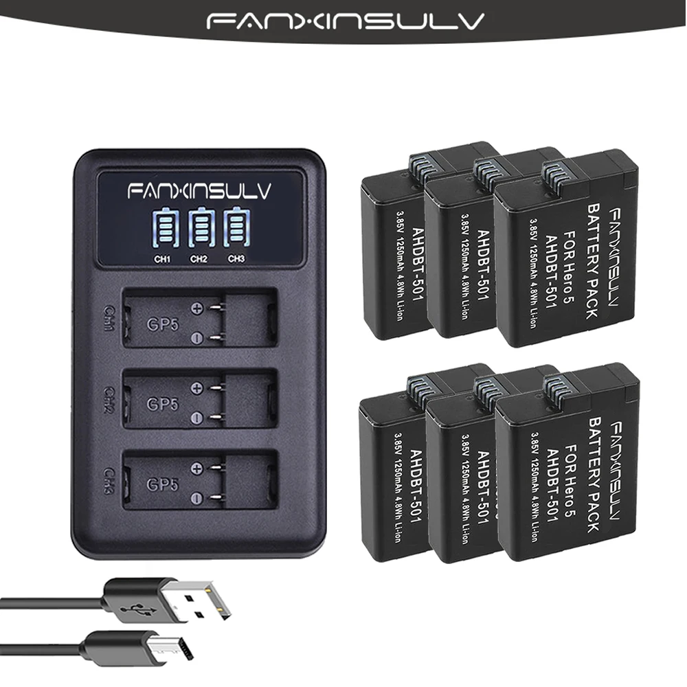 6 аккумуляторов AHDBT 501 Hero5 + USB светодиодное зарядное устройство с 3 портами портом