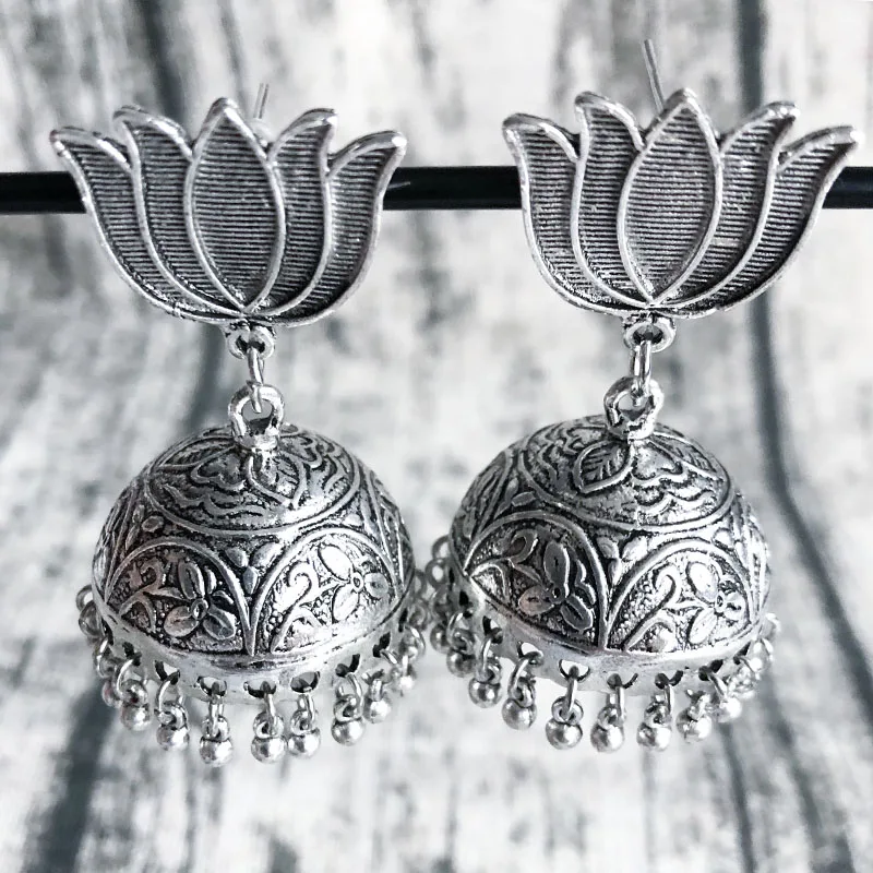 BOHO Ethnic trendy Round big tassel statement vintage star earrings for women Indian cute sliver Jhumkas flower female jewelry