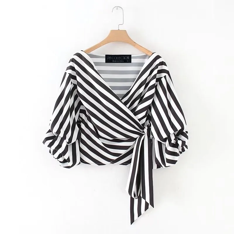 Prix NSZ Femmes Puff Manches Wrap Top Blouse D été Crop Top Rayé croix Profonde v cou Sexy Cravate Taille Dames Chemise Camisas Blusas