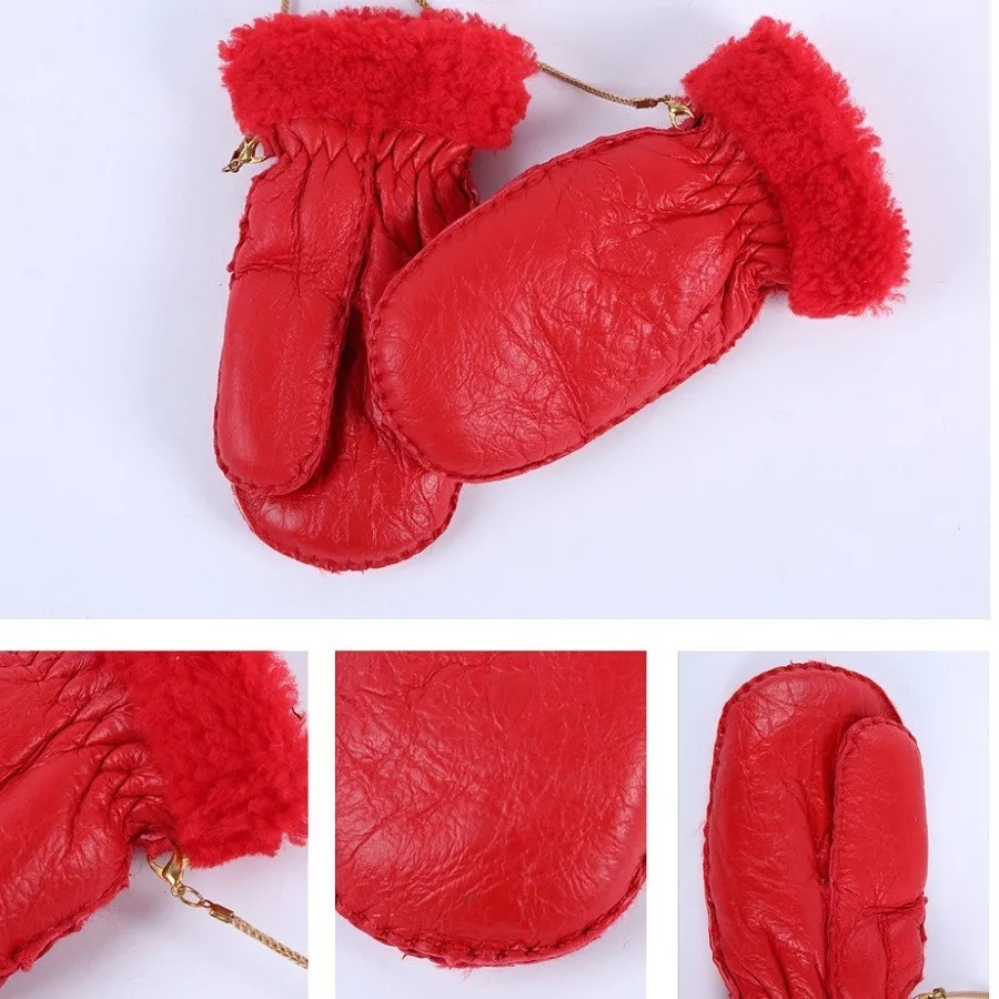 Winter 1-5 Years old Kids Warm Gloves Natural Sheep Fur for Boys Girls Children's Thick Mittens Outdoor Handmade and Lics