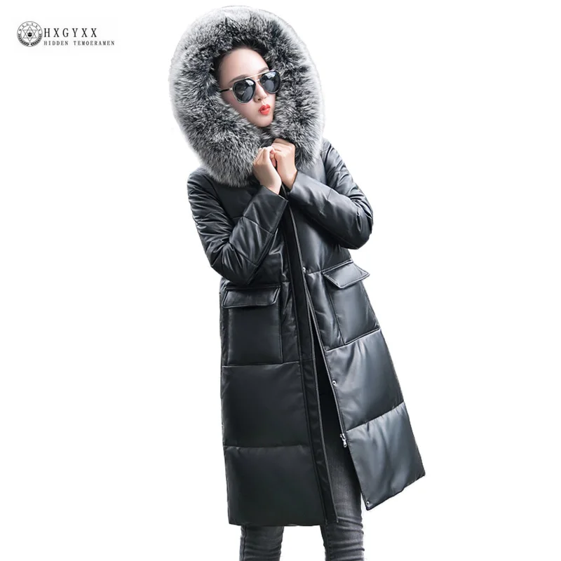Real Fox Fur Collar Genuine Leather Coat Women Plus Size Real Leather Jacket White Duck Down Outerwear Sheepskin Overcoat OK1287
