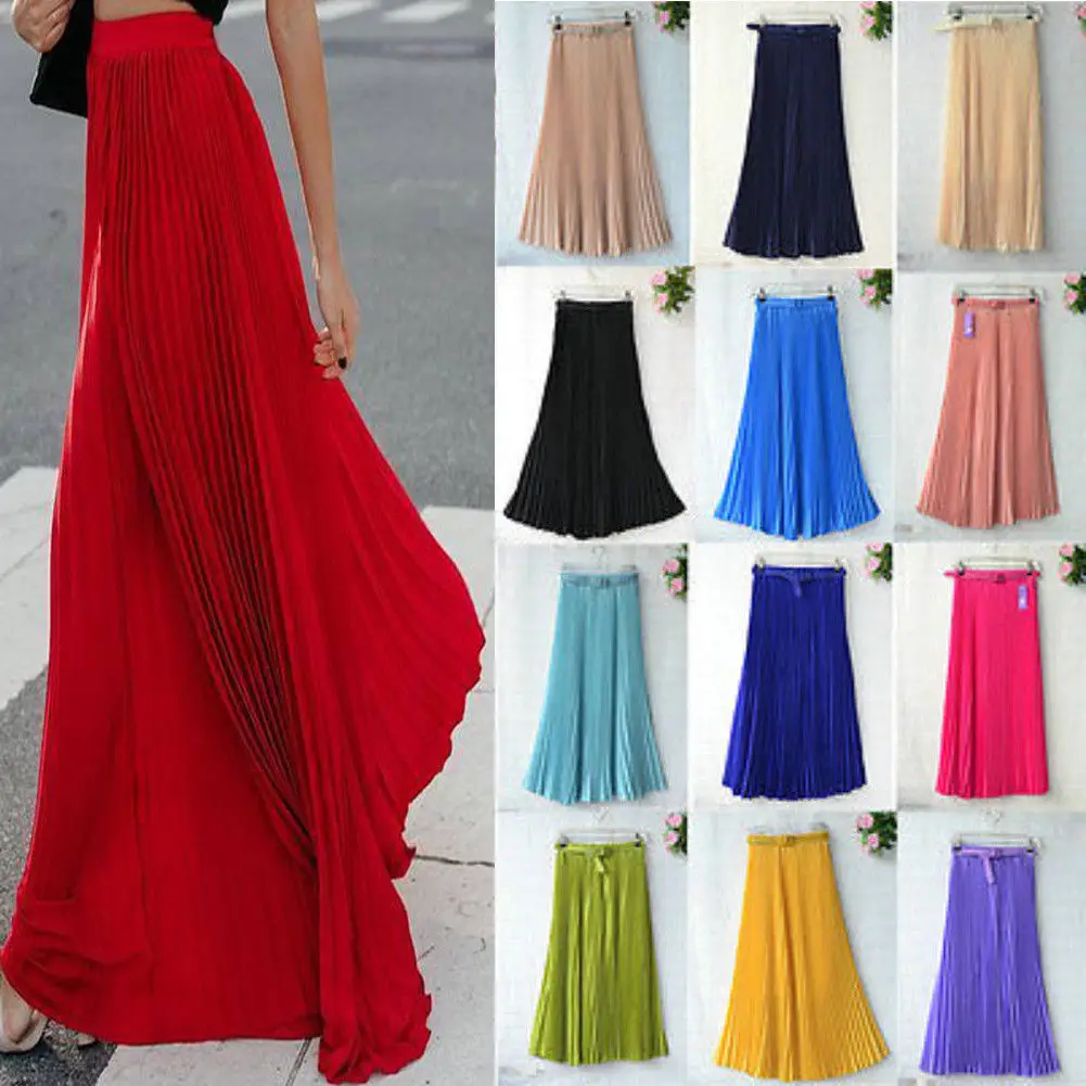 Womens Skirt Belt High Waist Solid Color Retro Maxi Chiffon Pleated Elegant Long Skirt Summer Skirt Womens New 13 Styles