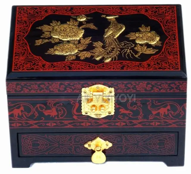 Chinese 3 Layer Wood Storage Dragon Phoenix Jewelry Box with Mirror Wedding Bangle Jewellery Display Box Container Carrying Case - Цвет: 04