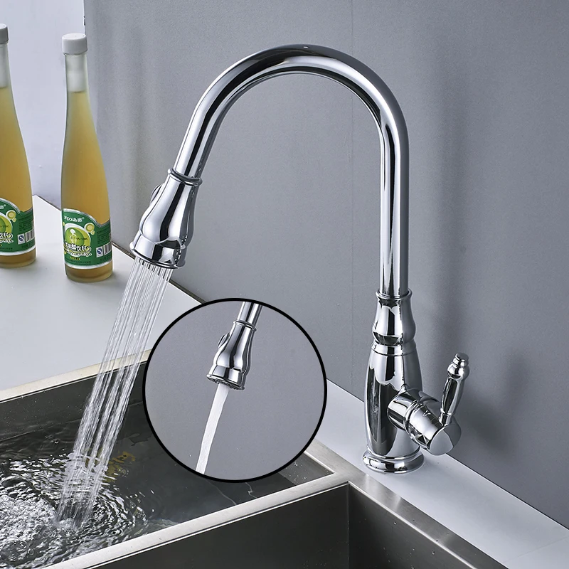 Luxury Golden Handheld Pull Out Kitchen Faucet Deck Mounted 360 Swivel Kitchen Mixer Hot and Cold Taps Stream Sprayer Nozzle