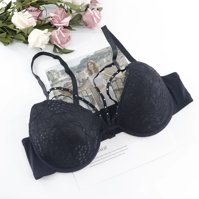 

PariFairy Black Lace Floral Bra 3/4 Mold Cup Sexy Lingerie Plus Size Underwear 36 38 40 42 B C Cup Padded Lift Beauty Breast Bh