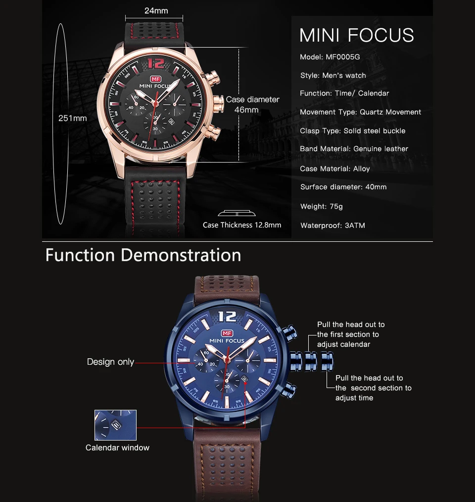 MINIFOCUS модные кварцевые часы с хронографом мужские морской кожаный ремешок 3 суб