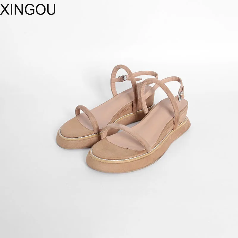 

New Wedges sandal women Flock leather thick bottom female sandals buckle lady high heels shoes Waterproof platform sandals