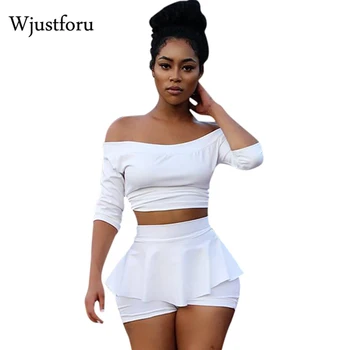 

Wjustforu Ruched White 2 Pieces Set Half Sleeve Slash Neck Crop Tops Shorts Strapless Women Suit Casual Bodycon Two Piece Set
