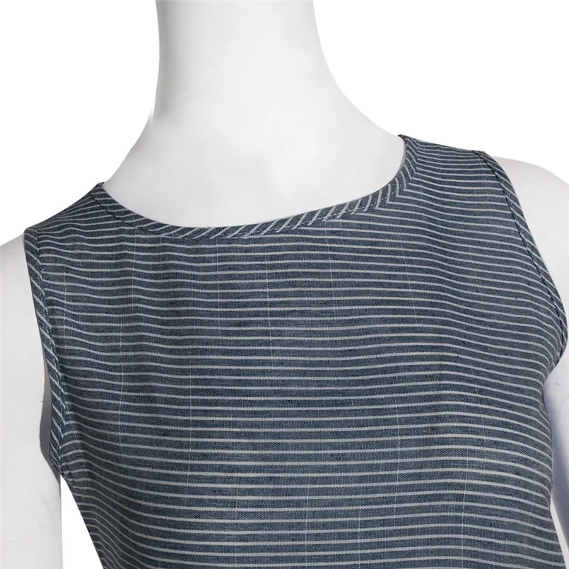  New Women Summer Fashion Casual Striped Print Sexy Sleeveless Dress Crew Neck Linen Long Elegant Lady Casual Daily dress #4R08 (1)