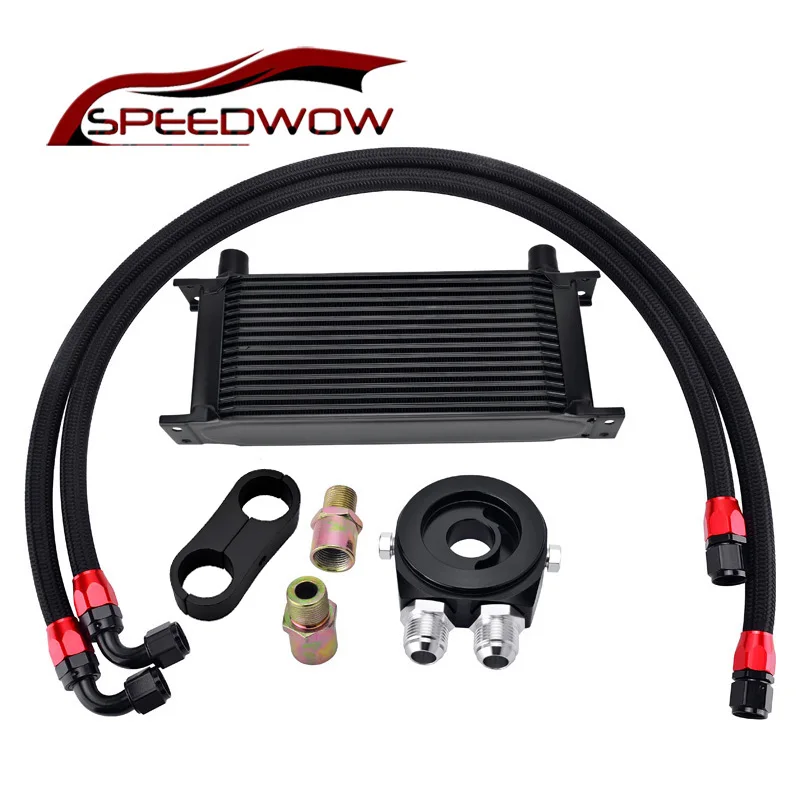 

SPEEDWOW 16Row AN10 Engine Transmission Oil Cooler Kit+Oil Adapter Filter+Swivel Fuel Hose End Line+AN10 Seprator Divider Clamp