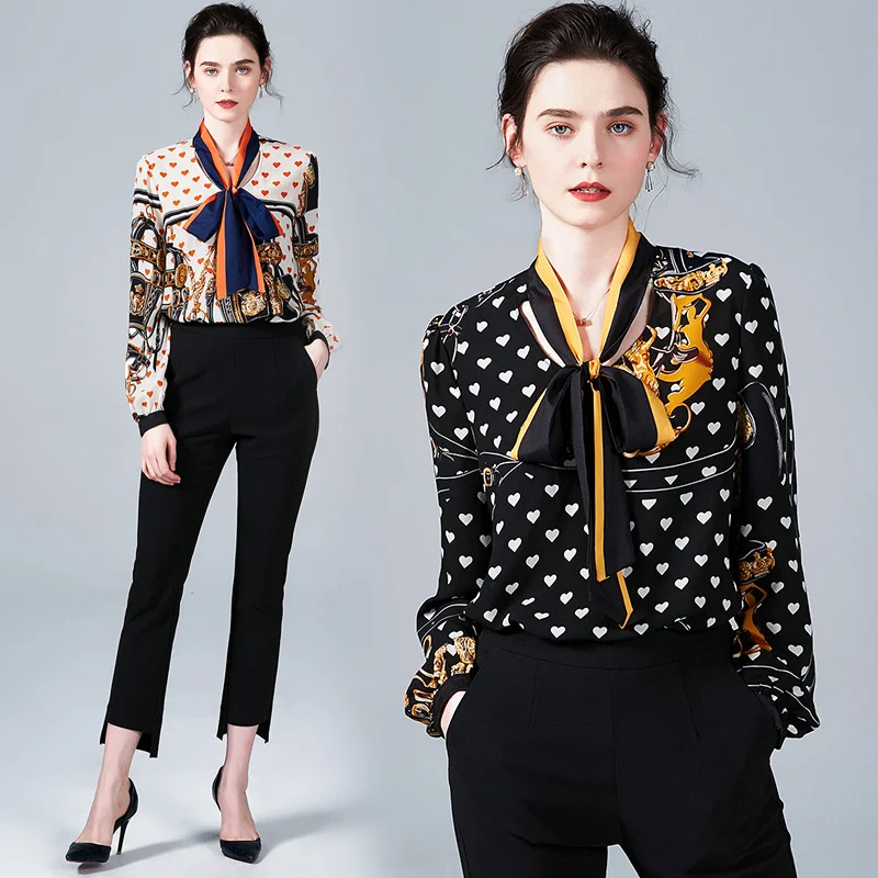 

2019 Spring Summer Fall Runway Vintage Print Tie Neck Long Sleeve Button Front Up Down Womens Party Casual OL Top Shirt Blouse