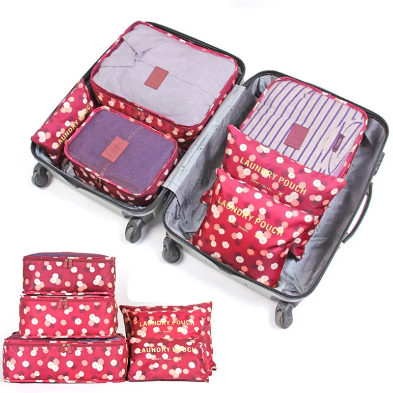 

Nylon Packing Cube Travel Bag System Durable 6 Pieces One Set Large Capacity Of Unisex Clothing Sorting Organizer Bag