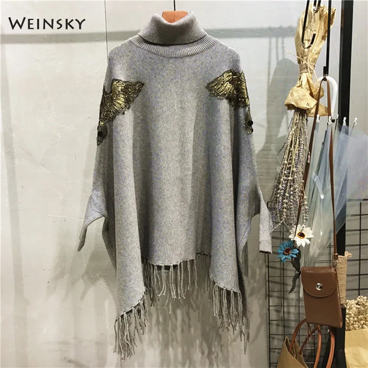 Weinsky Повседневный Женский вязаный длинный свитер и плащ с высоким воротом размера d, женские свитера осень-зима, модные свитера большого размера - Цвет: Серый