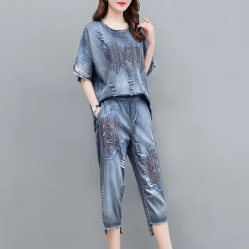 

2019 Summer Summer Striped Denim Two Piece Sets Office Elegant Half Sleeve Embroidery Denim Top Pants Suit