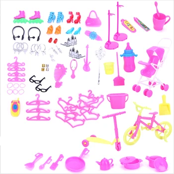 

Fashion 1Set=98 Pcs Jewelry Necklace Earring Shoes Handbags For Girl Doll Set Of Bowknot Crown Accessory Kids Baby Toys Gift