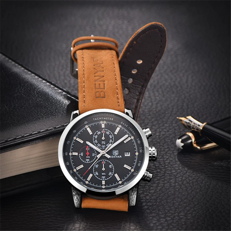  BENYAR Brand Sport Men Watch Top Brand Luxury Male Leather Waterproof Chronograph Quartz Military W