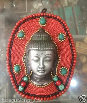 

Tibet Buddhism Tibetan silver Turquoise Coral Shakyamuni Buddha Head Mask Statue