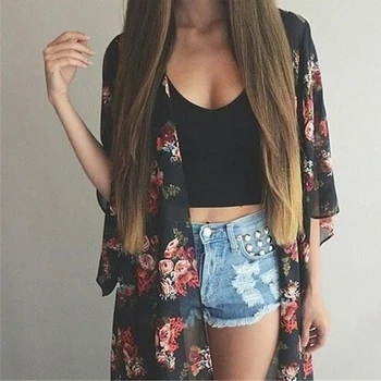 

2019 Summer Long Chiffon Kimono Preto Loose Printed Blouse Tops Black Casual Vintage Kimono Cardigan Ladies