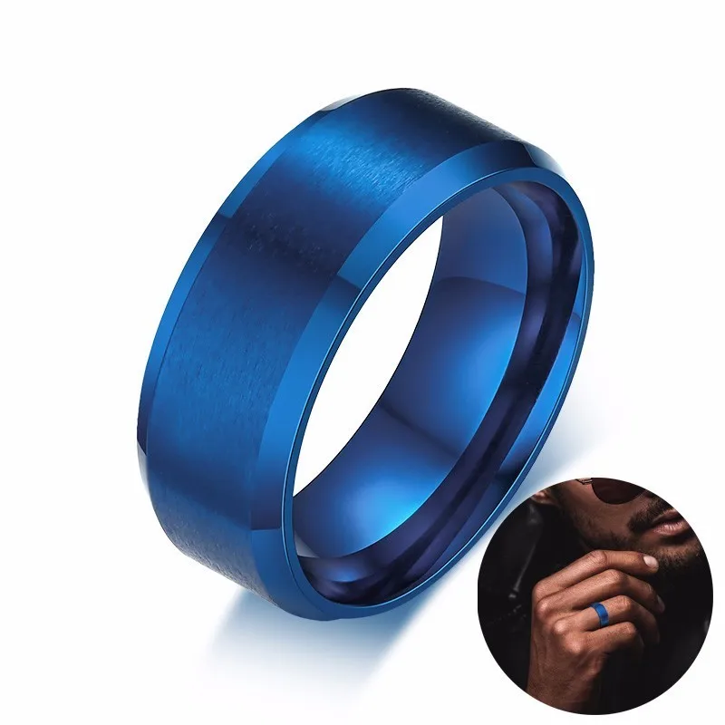 Простой, но элегантный 8 мм синий IP Матовый центр скошенный край кольцо нержавеющая сталь обручальное юбилей мужской подарок Anel Aneis