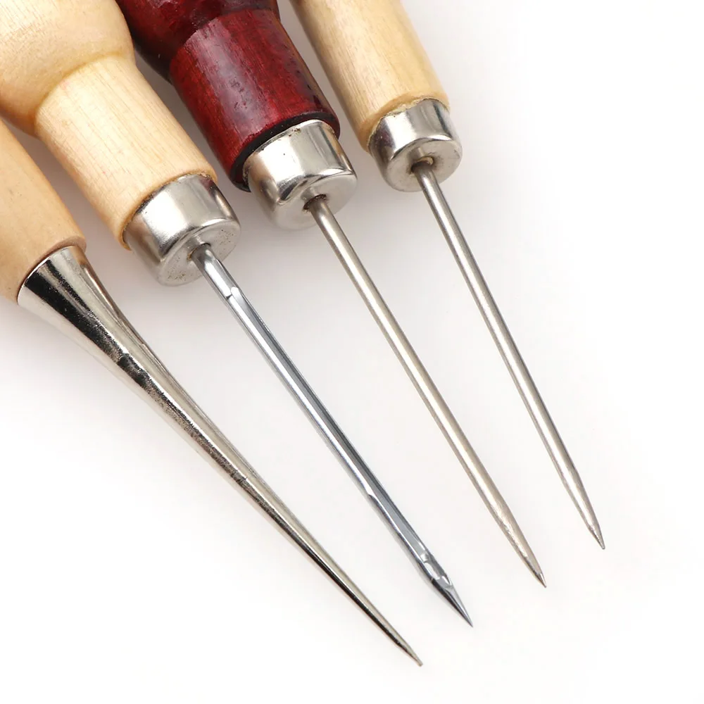 4Pcs/set 4 Styles Boxwood Redwood Gourd Canvas Leather Sewing Shoes Wood Handle Tool Awl Hand Stitching Taper Needle Tool Craft leather sewing needles sewing needles leather tool leather sewing awl set leathercraft tools leather tools leather sewing tool set