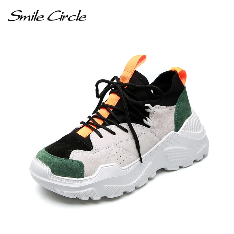 

Smile Circle Flat Platform Sneakers Women Thick bottom Mixed Colors Casual white Shoes Lace-up 2019 Spring Ladies Sneakers