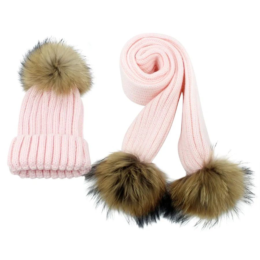 Children Knitted Scarf and Hat Set Winter Real Fur Pom For Boys Girls