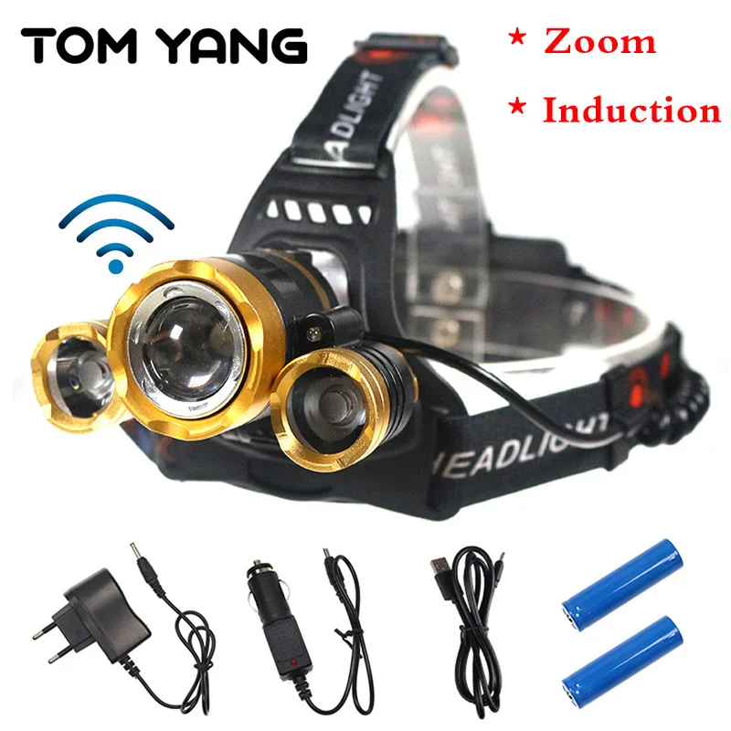 

8000 lumens powerful 3 led zoomable headlight xml t6 induction rechargeable headlamp sensor head torch lamp for fishing riding