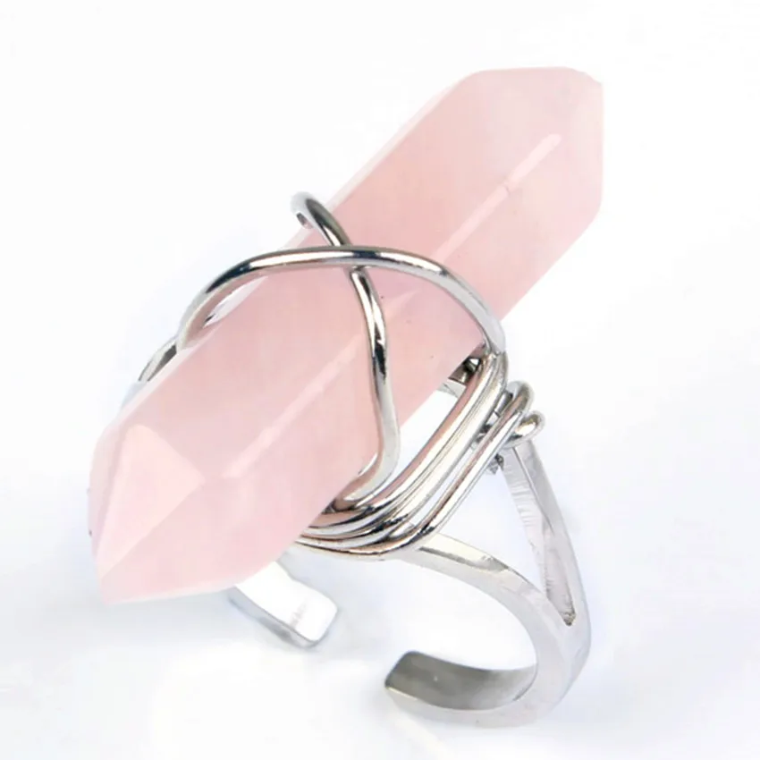 

FYJS Unique Silver Plated Wire Wrap Hexagon Column Natural Rose Pink Quartz Resizable Ring For Women Jewelry