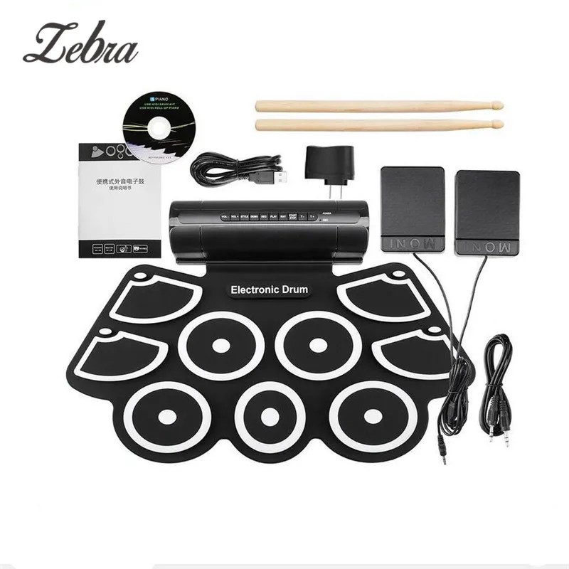 

Portable Practice Instrument 9 Beat Built-in Speaker Roll up Electronic Drum Pad Kits with 2 Foot Pedals and Drum Sticks