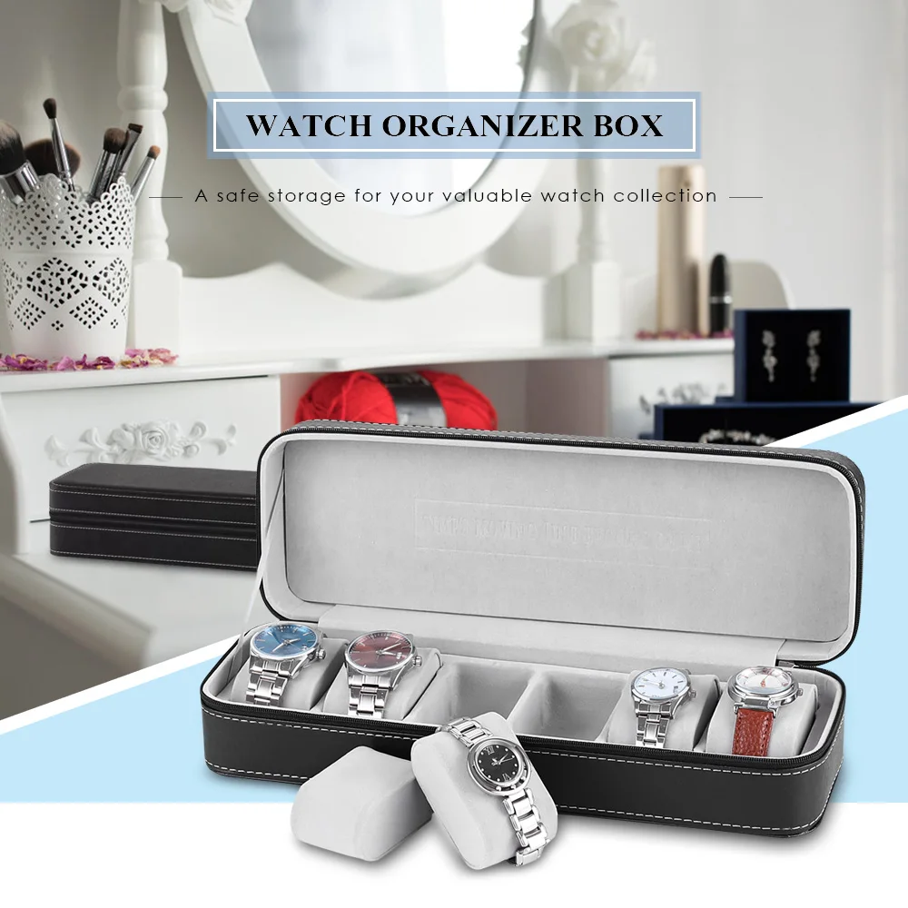 Portable 6-slots Watch Storage Case Leather Box Organizer with Zipper
