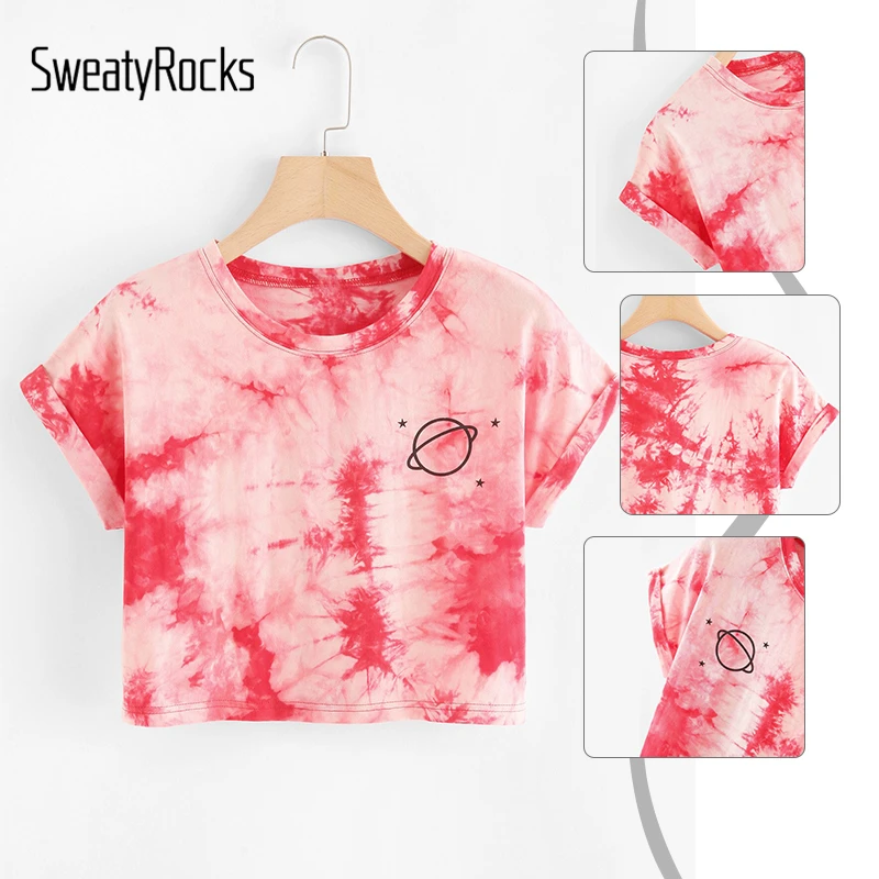 SweatyRocks красный женский короткий топ с манжетами женские летние топы галстук-краска свернутый короткий рукав сексуальные футболки