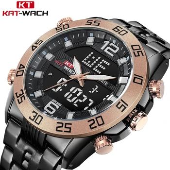

Diving 50M Sports Brand Men Watches Rose Gold Bezel Black Steel Strap Digital Analog Watch Army Military Waterproof Male Clock