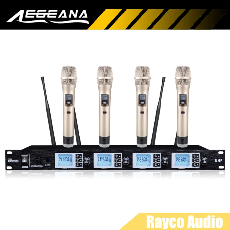 

Professional UHF 4 Channel Wireless Microphone With 4 x 100 Channel Handheld Mic For Karaoke Stage Used 19"