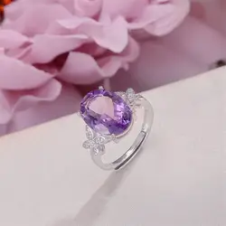 Sterling Серебряные кольца для Для женщин Fine Jewelry натуральный 14*10 мм Аметист Овал фиолетовые камни Регулируемый кольцо Роскошные ювелирные