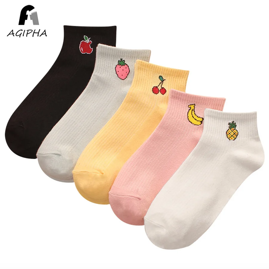 

5 Pairs/lot Women Ankle Socks Cute Fruit Number Letter Love Striped Pattern Cotton Casual Female Short Socks 2019 Hot Selling